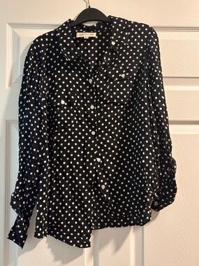 Women's Black Polka Dot Button-Down Blouse - Chic Long-Sleeve Top